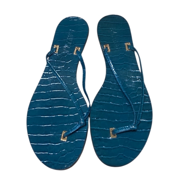 Lauren Ralph Lauren Shoes - Lauren Ralph Lauren Teal Croc-Embossed Thong Sandals with Gold Accents